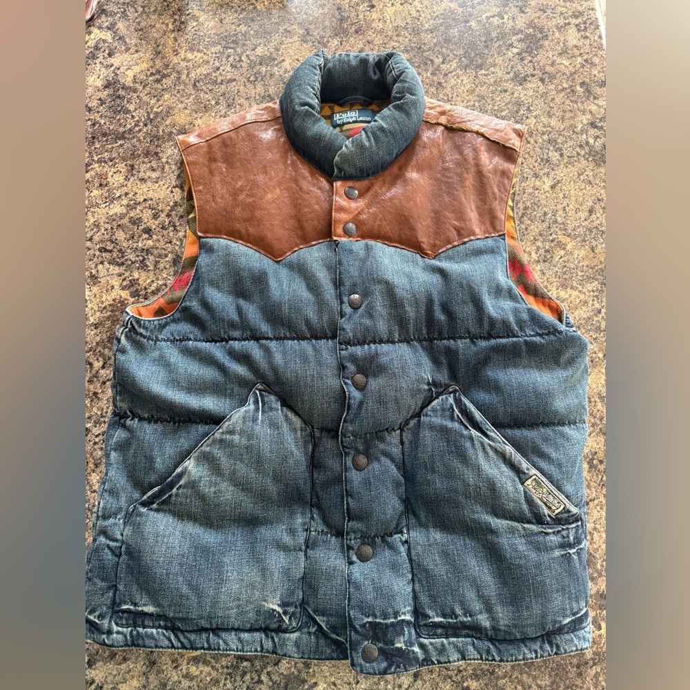 *men’s denim and leather vest* 
Polo by Ralph Lauren
Size large